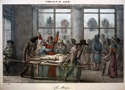 Jean Henry Marlet, La Morgue, gravure extraite des Tableaux de Paris (avant 1847).