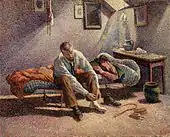 Technique des petits points du divisionnisme. Dans un modeste intérieur, sous les toits, un homme barbu, à demi habillé, se chausse, assis sur son lit de camp.