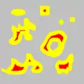 Ensemble X1 (jaune et rouge) et érosion hexagonale de taille 11 (M1 = rouge)