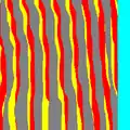 Érosion par h(24 pixels) sur un ensemble lamellaire (X :jaune et rouge, érosion par h : rouge, érosion du masque : cyan)