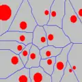 Modèle de Stienen avec alpha < 1 et partition de Voronoï associée (frontière bleue)