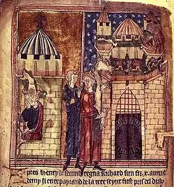 Dessin médiéval conservé à la British Library et représentant, d'un côté Richard Cœur de Lion en captivité en Allemagne et, de l'autre, Richard Cœur de Lion sous les remparts de Châlus