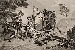 Gravure représentant la mort au combat de Mermet et de son fils, entourés de fantassins et de cavaliers vendéens.