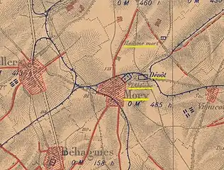 La carte des régions dévastées en 1919 montre que le village est complètement détruit.