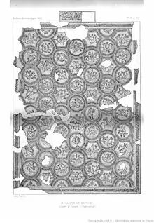 Gravure ancienne d'une mosaïque avec des médaillons comportant divers motifs, et également une mosaïque de seuil