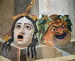 Masques de théâtre romain (Musée Capitolin, mosaïque, environ 100 avant notre ère).
