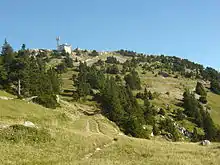 Pelouses alpines et conifères sous un sommet coiffé d'un bâtiment cubique et d'une antenne.