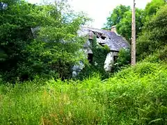 Photographie en couleurs des ruines d'un moulin à eau perdues dans la végétation.