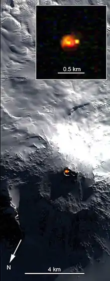 Image satellite du mont Erebus, montrant son lac de lave.