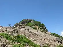 Photo couleur du sommet rocheux d'une montagne sous un ciel bleu.