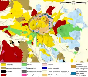 Carte des différentes roches et formations rocheuses présentes autour du volcan.