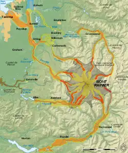 Carte des risques dus aux lahars autour du Mont Rainier.