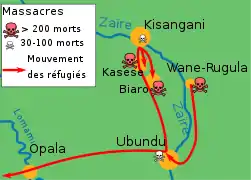 Carte montrant le trajet des réfugiés depuis la rive est du Zaïre jusqu'au sud de Kisangani ou vers l'ouest du Zaïre. Des massacres ont lieu le long du déplacement des réfugiés.