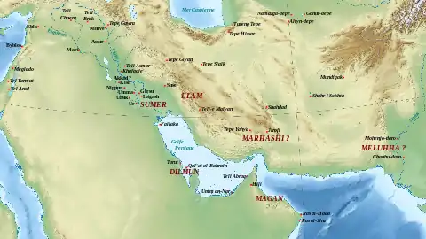 Localisation des principaux sites et régions de la partie orientale du Moyen-Orient dans la seconde partie du IIIe millénaire av. J.-C.