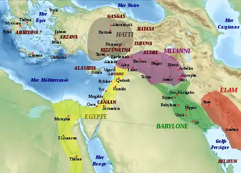 La situation politique au Moyen-Orient durant la première moitié du XIVe siècle av. J.-C., au début de la période couverte par les Lettres d'Amarna.