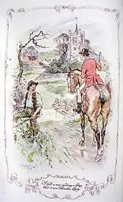 Illustration. Un cavalier se renseigne auprès d'un paysan à l'entrée d'un village