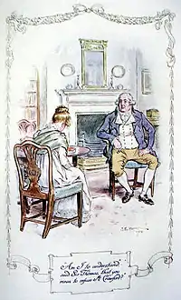 Assis devant une cheminée, un homme âgé et une jeune fille tête baissée