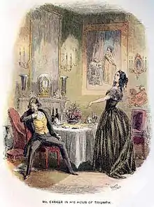 Coin de salon luxueux, table avec les restes d'un dîner fin devant une cheminée(à gauche) garnie de 2 vases, d'une pendule sous cloche, miroir en trumeau flanqué de bougeoirs éclairés. À droite, assis jambes écartée sur une chaise capitonnée de rouge, un homme en habit de soirée, avec gilet jaune, détourne la tête, sa serviette tombée par terre. En face de lui, son interlocutrice, une femme debout, robe de soie noire, port altier, buste et tête rejetés en arrière, pointe un doigt vers lui d'un air de défi. Sur le mur derrière elle, un tableau représente Judith s'apprêtant à décapiter Holopherne.