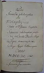 Cours de métaphysique de Jean Baptiste Faucon, manuscrit par Charles Basile Eloi Pigné en 1790