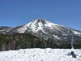 Vue d'un sommet enneigé de montagne sous un ciel bleu.