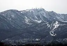 Photographie du sommet d'une montagne recouvert de forêt et enneigé.