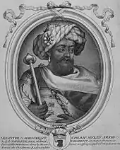 portrait en noir et blanc d'un homme portant barbe et turban tenant un sceptre.