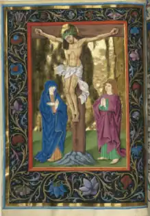 Crucifixion. Missel de Salzbourg, t. II (1478-1489). Bibliothèque d'État de Bavière, Munich, Clm 15709, fol. 45v.