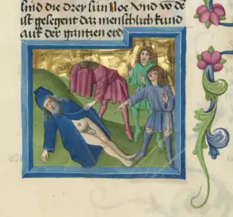 Ivresse de Noé. Bible en allemand (1468-1470). Bibliothèque d'État de Bavière, Munich, Cgm 8010a, fol. 15r.