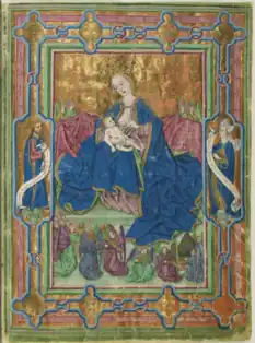 Vierge à l'Enfant. Bible en allemand (1468-1470). Bibliothèque d'État de Bavière, Munich, Cgm 8010a, fol. 2r.