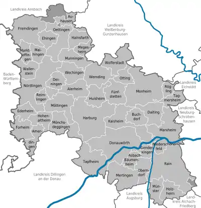 Carte des municipalités de l'arrondissement de Danube-Ries.