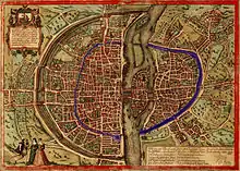 Carte de Sebastian Münster de 1572 représentant Paris. En bleu, l'enceinte de Philippe Auguste, doublée sur la rive droite de l'enceinte de Charles V.