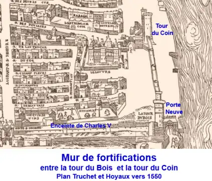 Mur de fortification de la tour du Bois à la tour du Coin sur le plan Truchet et Hoyaux vers 1550 : la porte Neuve ou porte de la Conférence ouverte en 1536 est représentée.