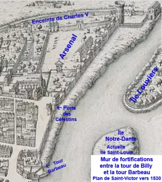 Mur de fortification vers 1530 de la tour de Billy à la tour Barbeau sur plan de Saint-Victor.