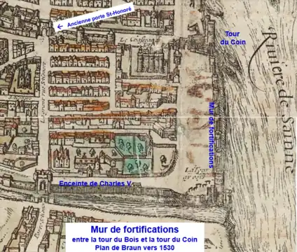 Mur de fortifications de la tour du Bois à la tour du Coin sur plan Braun vers 1530 avant l'ouverture de la Porte Neuve.