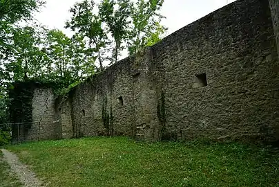 Derrière l'abbaye de st-Vincent, une tour et des meurtrières.
