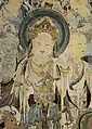Guanyin entourée d'autres bodhisattvas, en bas un roi céleste (?). Début Tang (7e s)Grotte  N° 57, mur sud