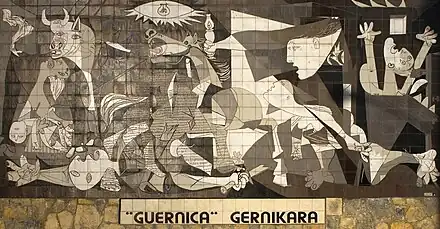 Tableau en noir et blanc représentant des personnages et des animaux déstructurés ; un cheval est présent au milieu du tableau en train de hennir.