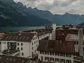 Murg, vue dans la rue avec lac (die Walensee) au fond