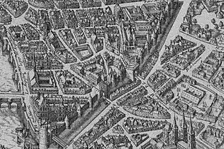 Plan de Merian (1615). Chemin longeant l'enceinte Philippe Auguste au niveau de la tour de Nesle, en bas à gauche.