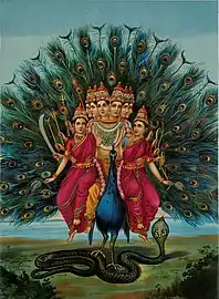Shri Shanmukha Subramania Swami, représentation du dieu Kârttikeya à six têtes sur son vâhana, le paon tueur de serpents Paravāni.