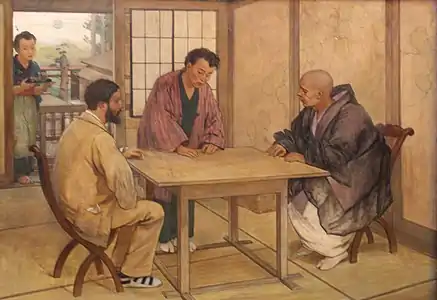 Rencontre entre Émile Guimet et un moine bouddhiste (1876), huile sur toile , Lyon, musée des Confluences.