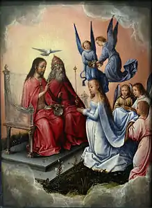 Le Couronnement de la Vierge par les anges, en présence de la Sainte TrinitéPanneau du retable d'Isabelle la CatholiqueMusée du Louvre