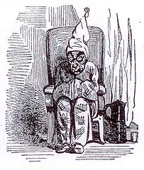 Caricature de Cham, représentant Philippe Musard, prostré sur un fauteuil, portant un bonnet pointu blanc et vêtu d'un habit large blanc avec pour motifs des partitions musicales.