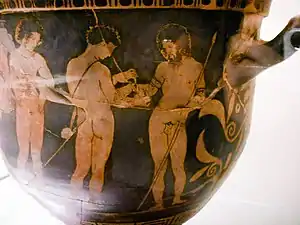 Les Argonautes : les soins au blessé. Céramique apulienne, cratère en cloche. Peintre des Argonautes, 425-400. Musée archéologique, Florence.