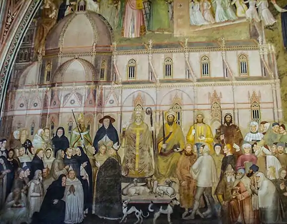 Parmi les personnages on peut reconnaître le pape Innocent VI, le cardinal Albornoz, l'empereur Charles IV, Giotto, Dante, Pétrarque et Boccace ainsi que Laure, Béatrice et Fiametta.