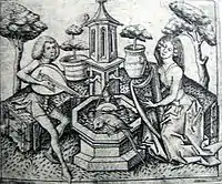 Maître E. S., Couple jouant de la musique à la fontaine. L. 203, 1460-1465