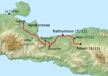 carte moderne d'une partie de la Crète avec un itinéraire indiqué en rouge