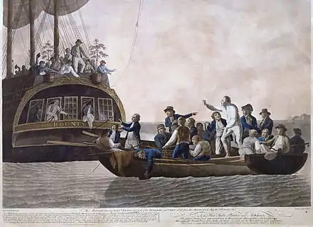 Dessin d'hommes sur un bateau et une chaloupe.