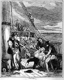 Gravure d'un homme en arme adossé à un mat. Deux marins font s'agenouiller un homme en chemise devant lui tandis qu'une bagarre est visible à l'arrière-plan.