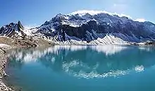 Lac turquoise avec montagnes en arrière-plan.